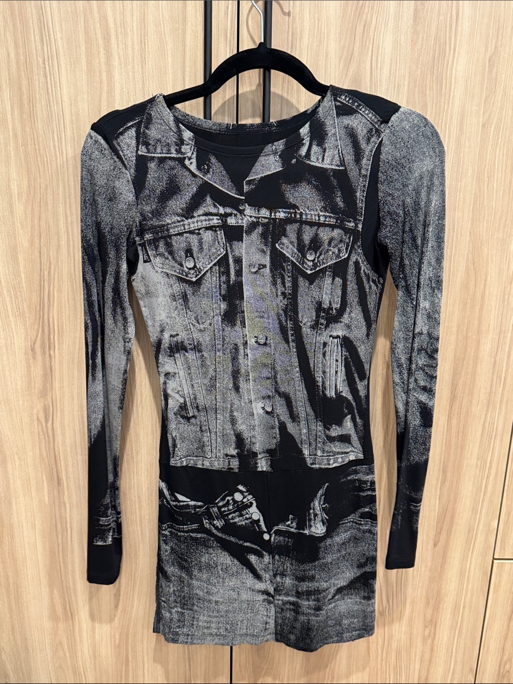 Black Printed Long‑Sleeve Mini Dress